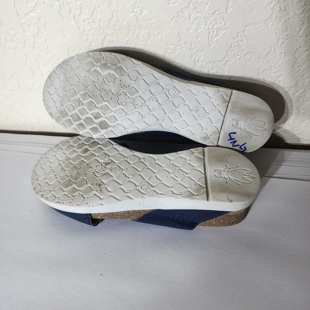 Fly London Navy Blue Leather Cross Strap Wedge Slide Sandals Womens 41 US 10